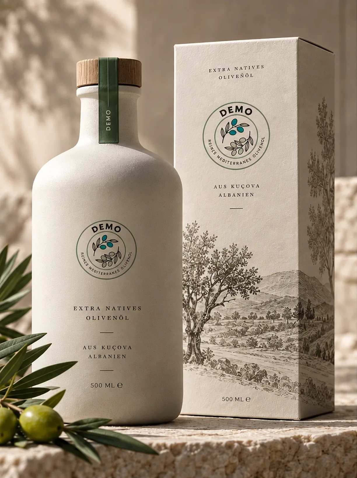 DEMO Flasche und Verpackung auf hellem Kalkstein, mit Olivenzweigen